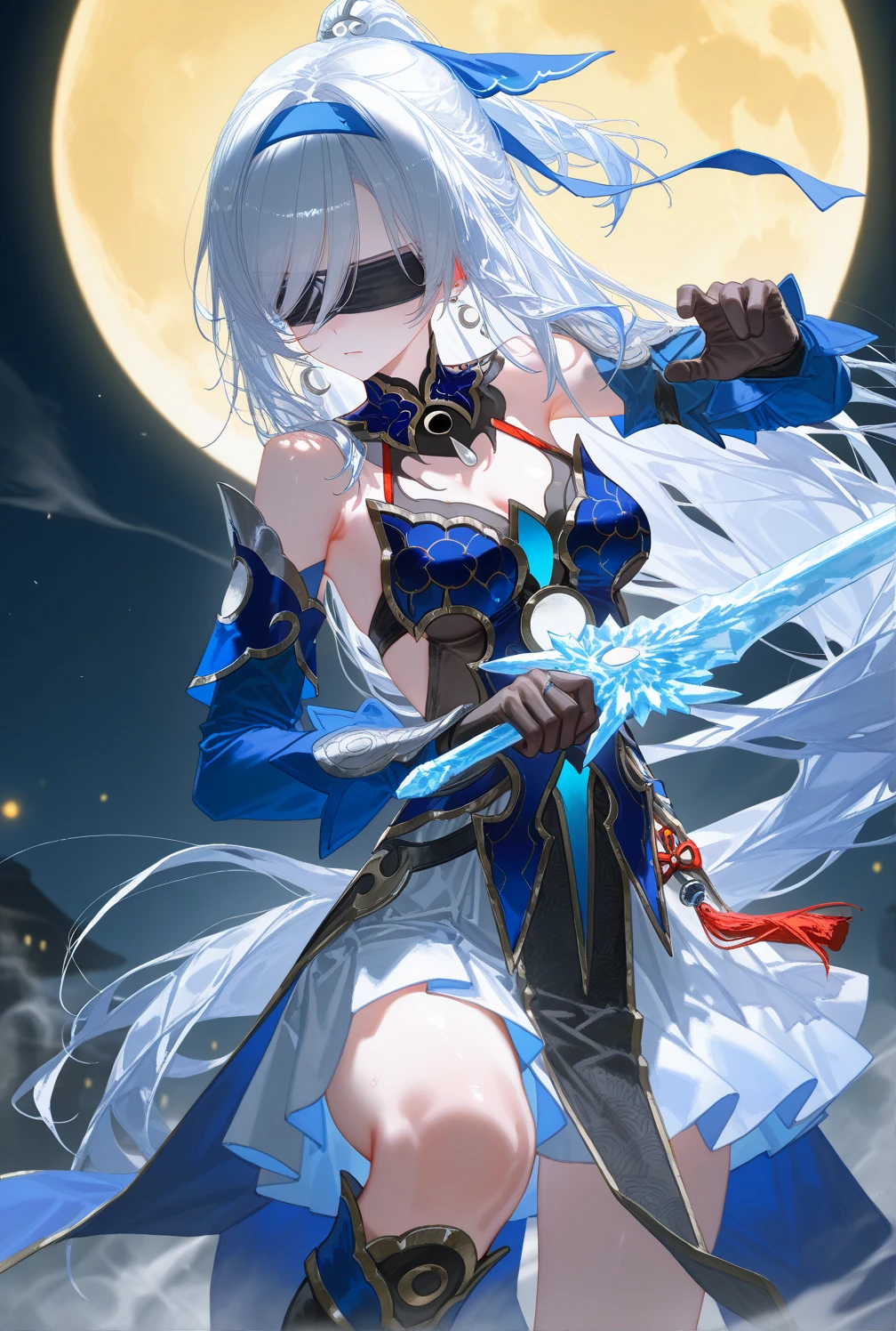 ((ganyu \(genshin impact\))))((masterpiece、8L、WAR Photo、highest quality、Realistic painting style、Cinematic Lighting、Backlight)) medium breasts、Great cleavage,A little bit of side boob is visible、Neck length laser tights、One Girl, alone,Long legs、Thin legs、Perfect Style、Long Hair, Blue Hair, Purple eyes,horn、Neck bell, Black 80 denier pantyhose, Removable sleeves, Black gloves, Pelvic Curtain、Dynamic pose, Has a bow weapon, Starry Sky、Night scene, (Particles of light: 1.1), Thick Fog、Crystal AI
