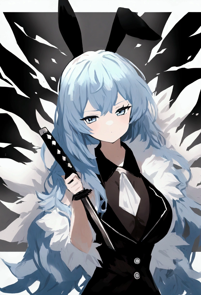 Long fluffy blue hair, blue eyes, holding a katana, big breasts, wearing a bunny girl outfitblue 