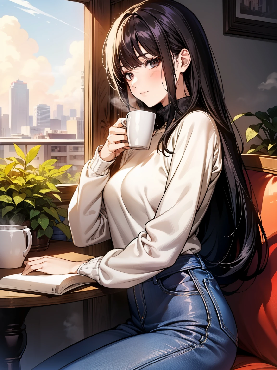 A young woman with long, black straight hair cascading over her shoulders, and black eyes that radiate kindness. She is wearing a cozy red sweater, slightly oversized, with the sleeves gently rolled up. The sweater hugs her figure in a casual yet elegant way. She pairs it with light blue jeans and simple white sneakers for a relaxed look. She stands on a charming balcony at sunset, holding a steaming cup of coffee in one hand. Her soft smile adds warmth to the scene. The background features potted plants, a small table with an open book, and a glowing city skyline bathed in golden-orange light. Manhwa style, My landlady noona style, super fine face, super fine nose, super fine mouth, super fine fingers, super fine body, super fine hand, perfect body, golden ratio, good shape, muscular, super realistic, red sweater, super detailed