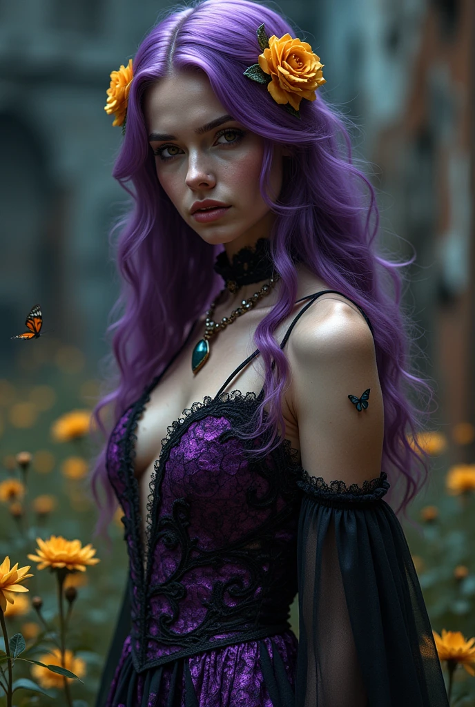 Korean purple hair butterfly woman in red purple and black transparent clothing show watching show