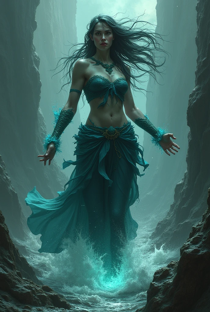 Best quality, masterpiece, ultra high resolution, 1 caucasian face beautiful girl, beautiful_face, detailed skin, yushui, water, waves, psychedelic moving big waves, abstract sea, stormy sky, goddess of the sea, closeup full female body blueprint, oil painting, conceptual art, Sakimichan style art, full body, exposed small breasts, transparent clothing melted in water, skin wet with water, visible pubic beauty, visible breasts, goddess rising from the sea, temple faded in the distance, seductive pose, sexy goddess, long curly black hair, cascading hair melting into the sea, slight smile,