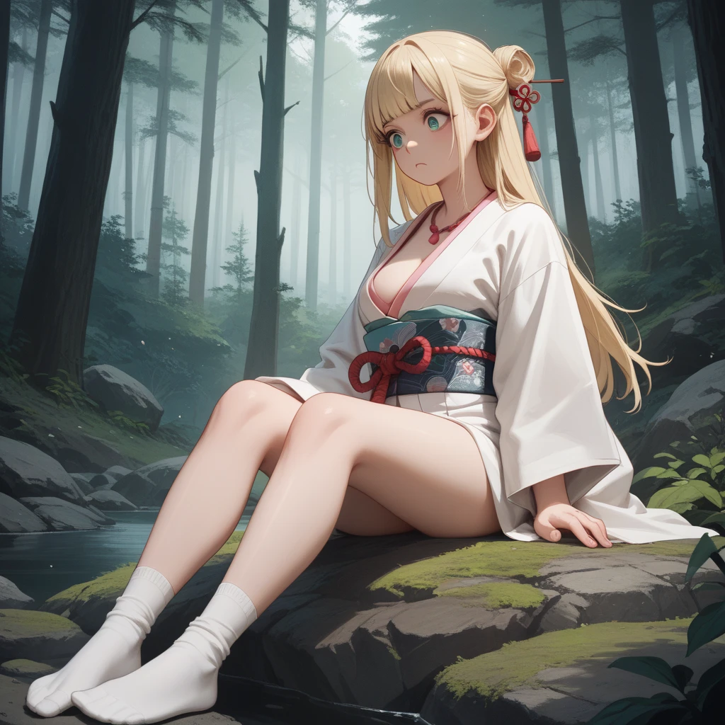 lucy from chrono ark, 1girl, solo, small breast, short height, soft smile, looking at viewer, blurry background, outdoors, full body, slim, ((masterpiece)), best quality, 4k, cinematic lighting, ray tracing, reflected light, panorama, flat chest, high detailed illustration, high detailed background, hi-res, naked, no clothes, bare breasts, bare skin, no clothes, hand between legs, covering chest with arm, small round nipples, white scarf, legs together, sitting, bare feet, feet soles, naked body