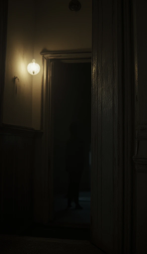  The camera is at eye level of the person .  the background is dark ,  with a faint light from a lamp that flickers slightly. An old wooden door ,  with wear marks ,  is slightly ajar . In the background, only visible,  a dark shadow seems to move on the threshold .
