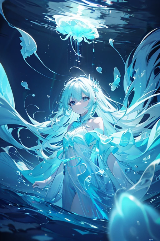 deep sea,A small jellyfish,A thin light shines in,Jellyfish illuminated by light,Jellyfish resting on the ocean floor