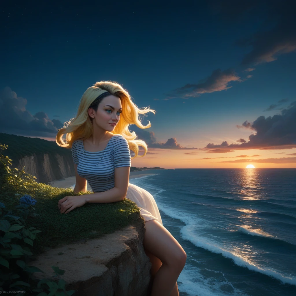 dark,night,ocean, Milky Way ,Long blonde woman looking at the sky from the cliff 