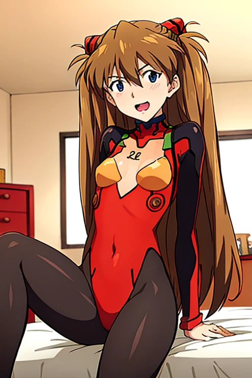 (( top quality )), ((masterpiece)), (be familiar with),  perfect face, indoor, bedroom,  Watching Viewers ,
One woman,  Soryu Asuka Langley,
 open mouth,  ecstatic expression beside the piano, blush, smile,
 small tits,  flat chest, Young girl, Lori,  s,  girl,
 long hair,  twin tails,
Leg spread,