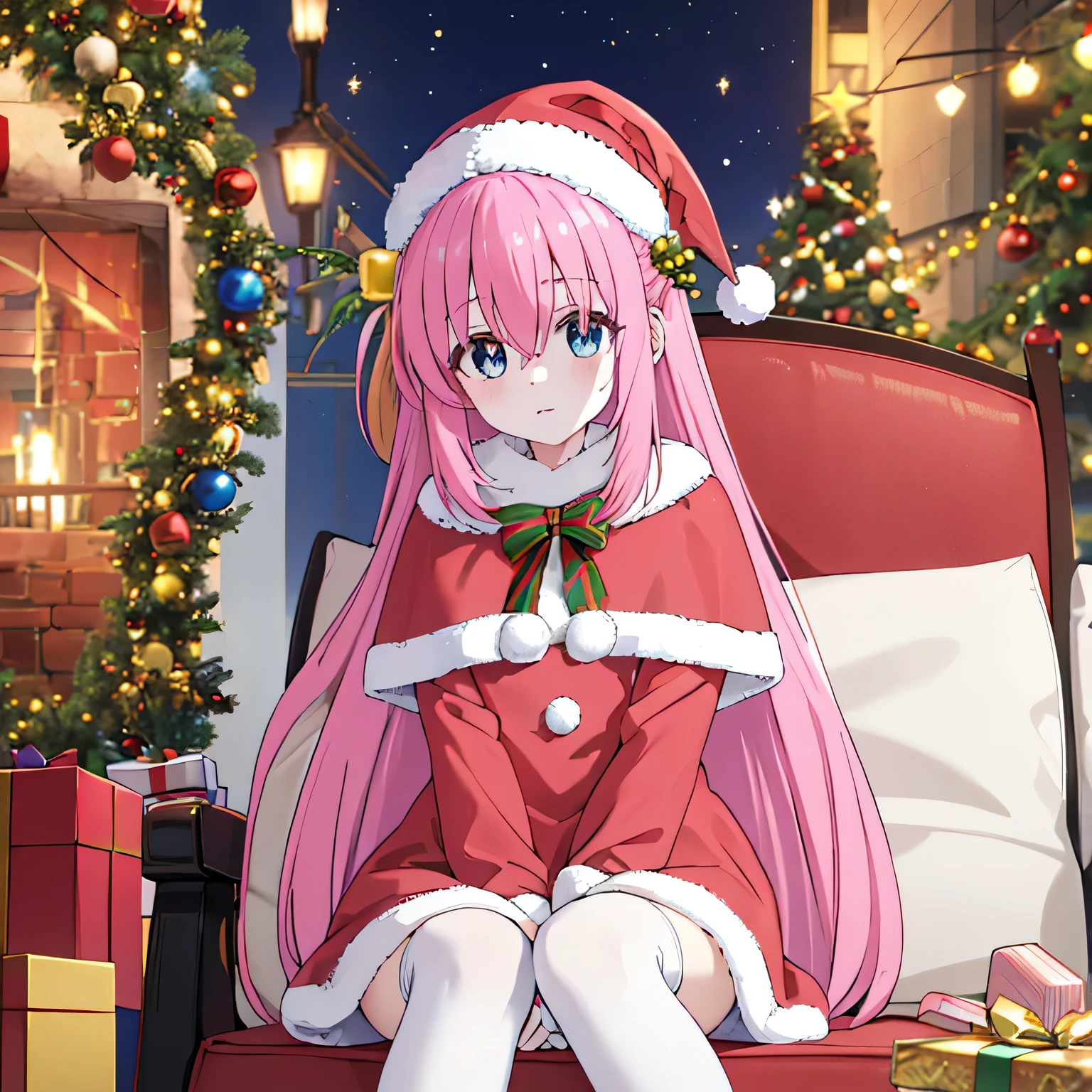 1girl, hitori gotou, big breasts, blue eyes, cube hair ornament, hair between eyes, hair ornament, pink hair, one side up, long hair,gift box,@ @, shaded face, white_thighhighs,(fix_hands), (fix_arms),(fix_feet), (fix_fingers),( HDR,UHD,8K, best quality), (masterpiece),christmas town, christmas decor, christmas tree, winter, snowing,  living room, nighttime, vibrant gaslight illumination, christmas wreath, christmas lights, christmas ornaments,santa costume, santa hat, christmas, fur-trimmed headwear, mini santa dress, fur-trimmed dress, christmas tree, fur trim, red capelet, red gloves, fur-trimmed capelet, santa gloves, blue eyes, cube-hair-ornament on the left, hair between eyes, hair ornament on the left, pink hair, Left side up, long hair,gift box,@ @, shaded face