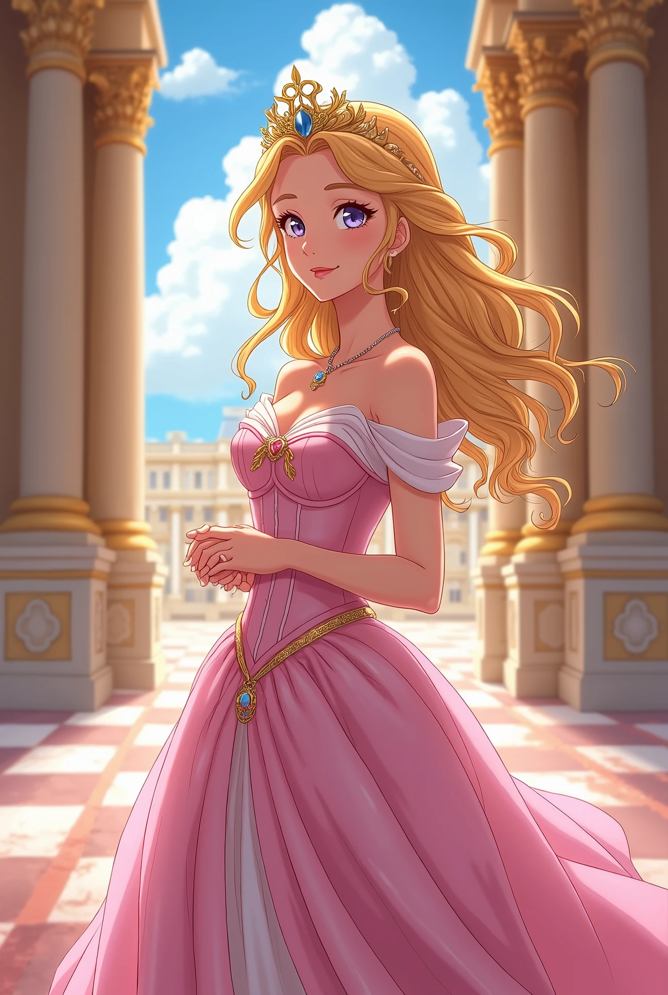 The Rose of Versailles, The most beautiful princess who looks like a goddess, smile, friendship pose, Palace of Versailles,  best quality,  high image quality, 8k,  anime illustrations, 