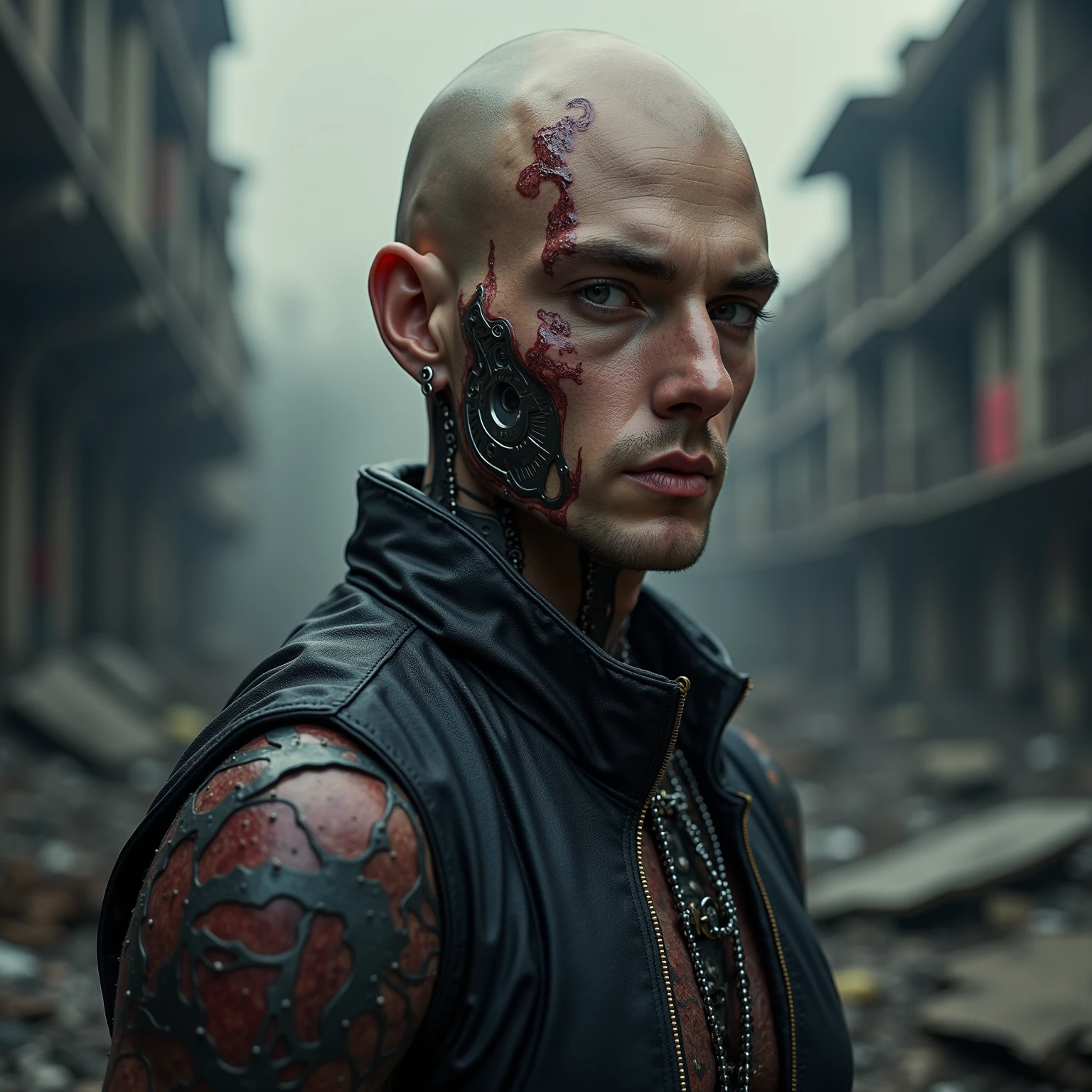 raw photography, ultra detailed, male, cybernetic neck, (cyborgs: 1.5), background is a city block in ruins, vibrant details, luxurious cyberpunk, hyper-realistic, anatomical, elegant, 8k, best quality, masterpiece, extremely detailed, (realistic, photo-realistic: 1.37), portrait.