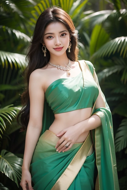 (best quality,8k,ultra-detailed,masterpiece:1.2),beautiful real japanese girl wearing yellow saree, transparent lace, detailed facial features,attractive pose with a confident expression,gorgeous flowing hair,striking blue eyes,perfectly manicured nails,shimmering jewelry,soft and ,sculpted muscles,strong tuned and defined abs, garden,  upper body