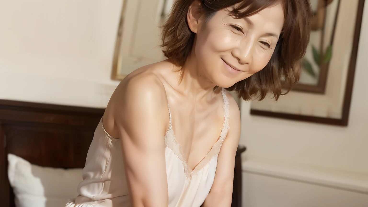 (( top quality )), ((8k)), ((masterpiece: 1.3)), ( perfect appearance ), ( Photorealism : 1.6), (JMA), (K), (bedroom: 1.2), (Sitting in front of a dresser ), (後ろ髪を掻き上げうなじを見せる Japanese mature), ( he is combing his hair on the back of his head with a hand comb.), (Rear View), ( at an oblique angle from behind ), ( portrait from chest ), (60 years old, Japanese mature), (( Realistic Skin Texture )), ( fine wrinkles all over skin ), (Dullness), ( facial wrinkles), ( wrinkles around eyes ), double eyelids in judo uniforms, Tear bags under the eyes , face slightly downward , smiles gently, close your eyes, (Short bangs), ( Shorthair), (Blonde), (Hand combed hair ), ( leaves little hair on neck ), (Show me your neck), (Nightgown),