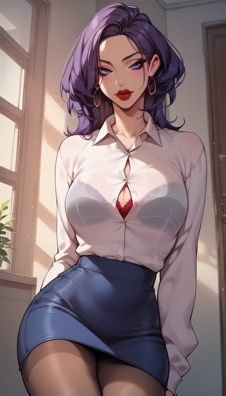 kim mi-Jung,perfect eyes,purple hair,red lips, Sly look, shirt,bra,skirt, pantyhose