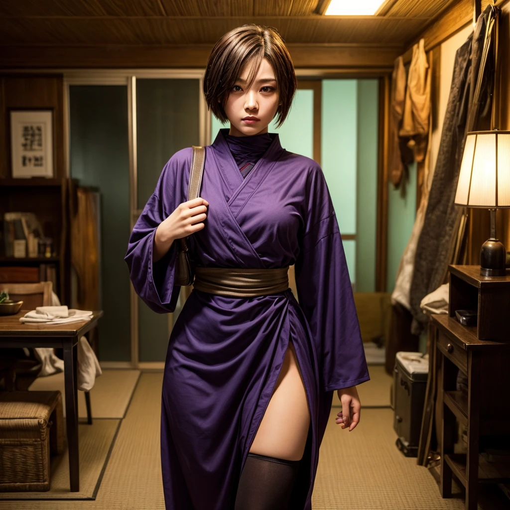 A girl who has her back, in an Asian style room, She is taking off her kimono and is not wearing any clothing underneath., she has short green hair, purple eyes and is staring from the corner.