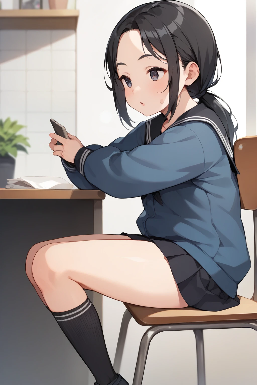 score_9, score_8_ up, score_7_ up, score_6_ up, score_5_ up, score_4_ up，ANIME BREAK ，nsfw， top quality ，( dirty black ankle socks back side :1.5)、 from behind， sitting on a chair， long sleeve black sailor suit and middle skirt， young girl， short， toddler figure ，plump middle school student ，(Broad shoulders:1.2)、  pubic skin、 black hair， Low Ponytail ，(Part your bangs)，Narrow Eyes ，(Thin, thin eyebrows )，(Wide forehead)， sweated， top quality ,  highest resolution， illustration style，