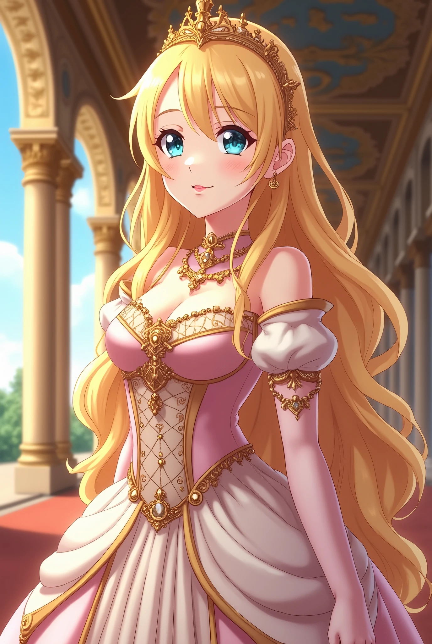 Anime The Rose of Versailles, The most beautiful princess who looks like a goddess, smile, friendship pose, Palace of Versailles,  best quality,  high image quality, 8k,  anime illustrations, 