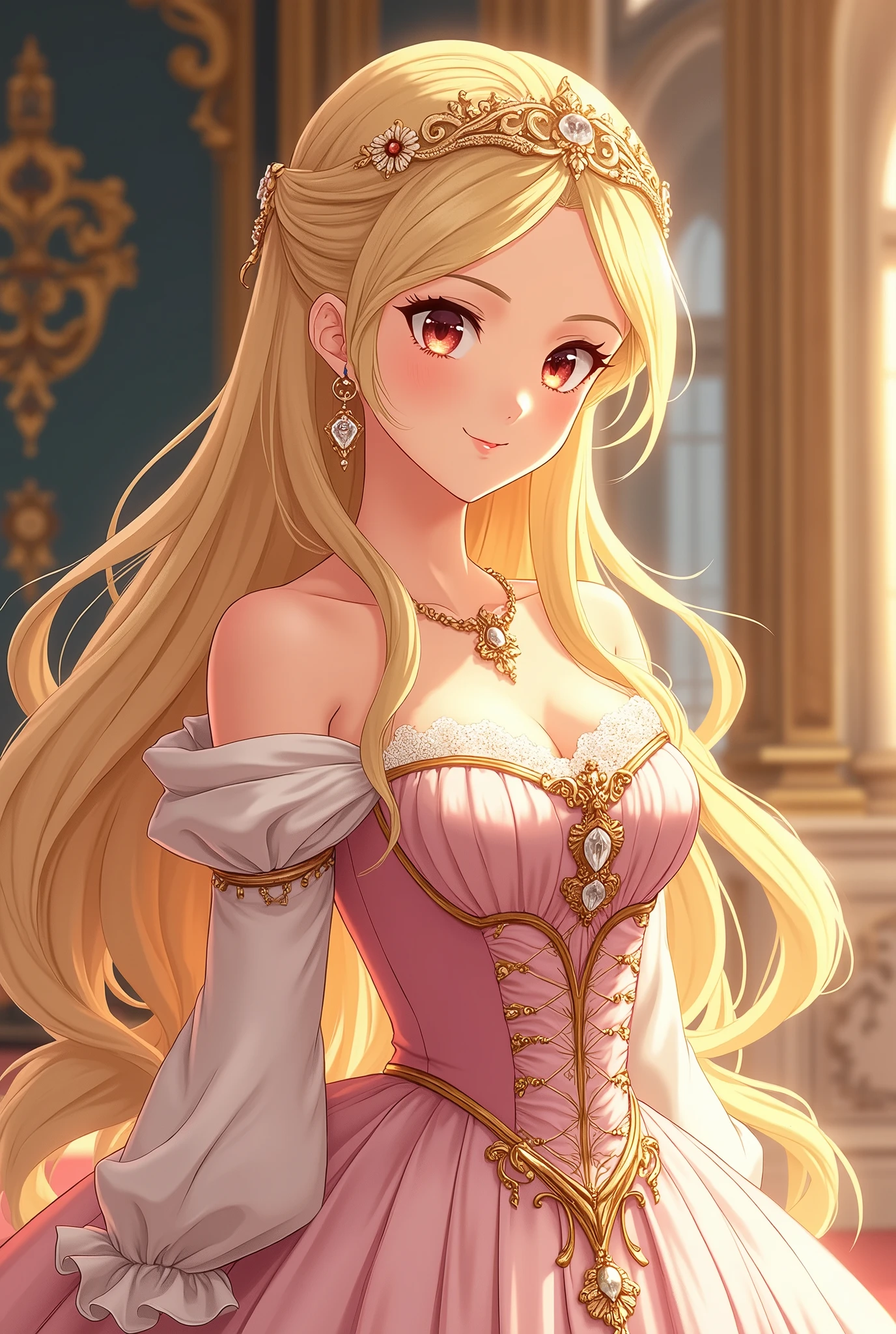 Anime The Rose of Versailles, The most beautiful princess who looks like a goddess, smile, friendship pose, Palace of Versailles,  best quality,  high image quality, 8k,  anime illustrations, 