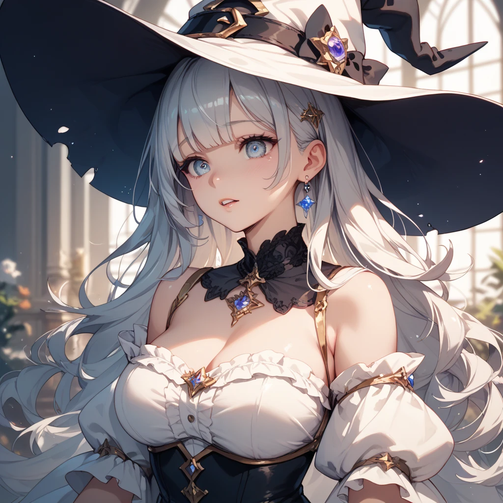 (masterpiece),(Highest quality),(Ultra-detailed),High resolution,8K Animation,One girl,witch,White medium hair,Wavy Hair,Green Eyes,(Round eyes),bangs,smile,A lot of glowing particles,Dream Core,(Beautifully detailed face),(Beautiful and fine details),(Anatomically correct),Big Breasts、Long black hair