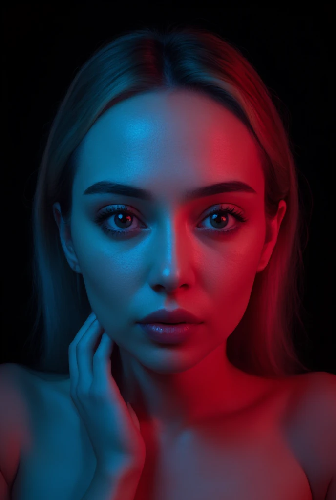 woman, (headshot:1.2) portrait on a (plain dark background:1.2), (headshot:1.2), (face focus:1.1), intricate (beautiful eyes:1.2), (wide open eyes:1.1), big eyes, clean photo, lighting from behind, (Red lighting from the left:1.3), (Blue lighting from the right:1.3), bokeh, f1.4, 40mm, photorealistic, raw, 8k, textured skin, skin pores, intricate details