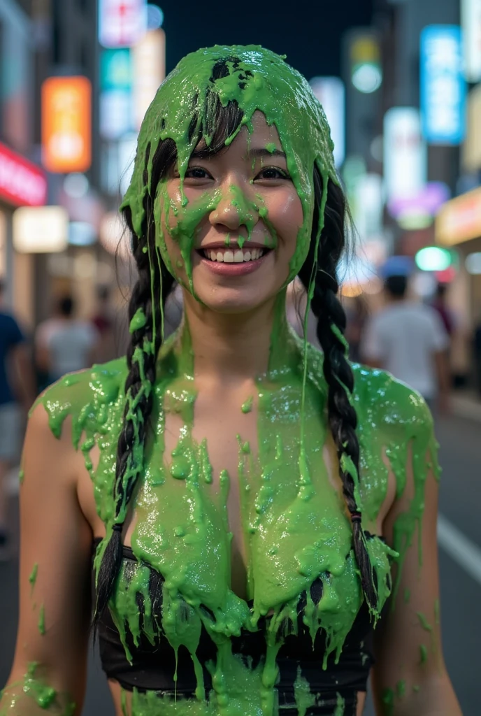 Amateur photograph. Korean teen covered in green water. Photorealistic. Wet liquid. Nasty slime. Raw photo. (Wearing French maid uniform: 1.3). Cleavage. outside Tokyo. Nighttime. Bokeh. Neon lights. Green Slime. Dripping green goo. 18 years old. Wet green liquid. Snap and shoot photograph. Slight over exposure. Flash photography. Korean girl. (Korean teen girl: 1.1). Massive boobs. Black hair. Green water. Big boobs. Giant breast. Skinny. Petite. Braided pigtails.