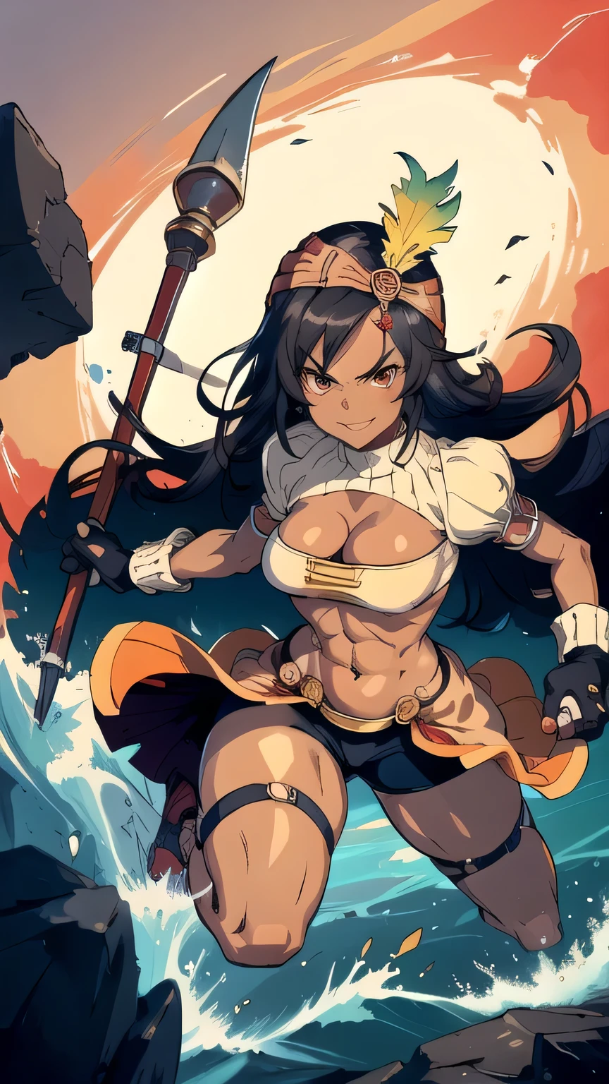 masterpiece, best quality, ff9lani, dark skin, bandana, feather hair ornament, turtleneck, cleavage, puffy sleeves, bandeau, red overskirt, thight short shorts, fingerless gloves, large breasts, holding axe, axe, looking at viewer, huge weapon, grin, castle, red sky, white_micro_top, ((thick thighs)), ((narrow waist)), ((wide hips)) toned body, muscular female, tan skin, ((vivid colors)) flat2d anime style, slim body, shreded abs, athletic body, ((full body)), angry eyes, evil, ((tan lines)), (battle ready)), 