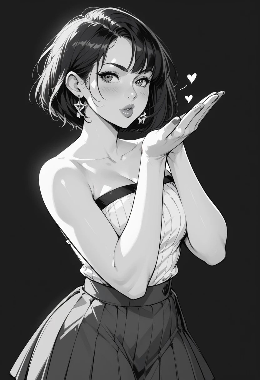 line drawing,   monochrome,   illustration,   A girl wearing a strapless blouse and short plain pleated skirt ,   thick thighs   ,  Look sexy  ,  ,olhos detaileds,    dark short hair clothes, dynamic pose style,   looking at the observer ,   Send a kiss to the observer ,Blowing kisses ,   best quality  ,    super detail  ,   Capas ,   shadow and light  ,   dark background, dramatic light,(  masterpiece  ), (   best quality  ), (   High resolution icon ), detailed, (   intricate details 1  .2), (Hyper detailed 1.4),