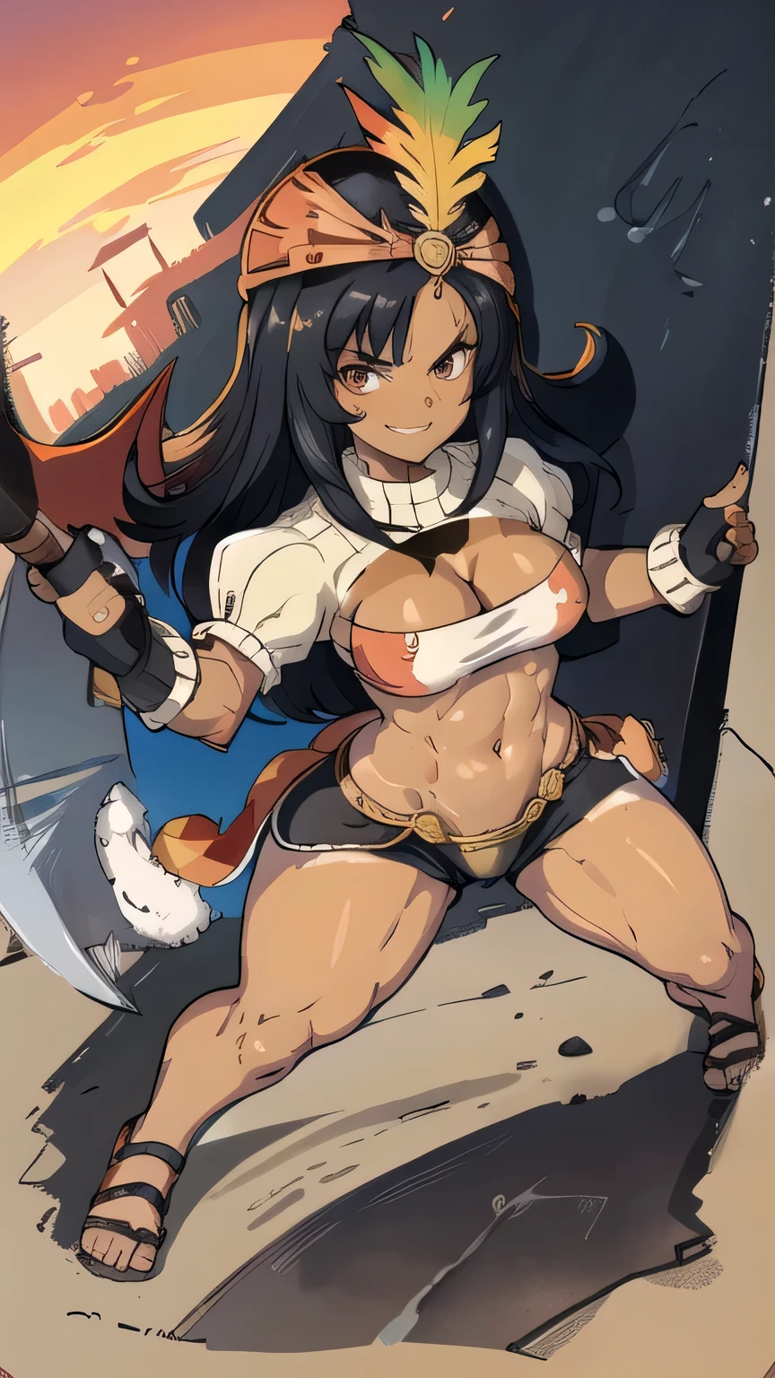 masterpiece, best quality, ff9lani, dark skin, bandana, feather hair ornament, turtleneck, cleavage, puffy sleeves, bandeau, red overskirt, thight short shorts, fingerless gloves, large breasts, holding axe, axe, looking at viewer, huge weapon, grin, castle, red sky, white_micro_top, ((thick thighs)), ((narrow waist)), ((wide hips)) toned body, muscular female, tan skin, ((vivid colors)) flat2d anime style, slim body, shreded abs, athletic body, ((full body)), angry eyes, evil, ((tan lines)), (battle ready)), 