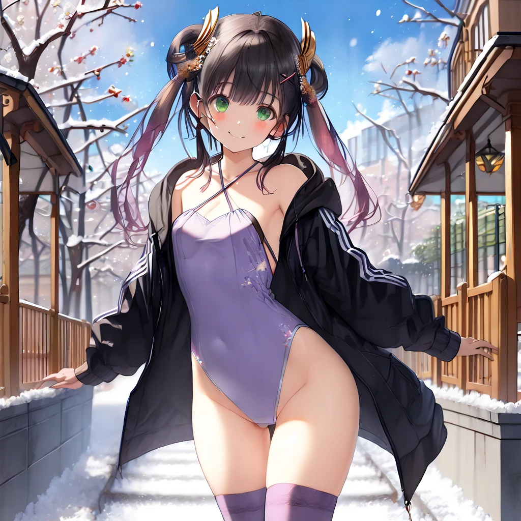 ( One girl ),yuzuki yukari, black hair, black eyes,smile,blush、short hair, (long sidelocks:1.5), ( small tits:1.5),(hair ornament, criss-cross halter, purple dress, black jacket, hooded jacket, long sleeves, purple thighhighs),(Thighs:1.5),stand、blue sky,Park Walkway、snow、front、(hull body:1.5)、( perfect anatomy ),( best quality), ( ultra hi-res), (超 high definition ), ( Highly Detailed CG), (32K), (masterpiece)、eyesHD, heterochromia, red eyes, left eye red, green eyes, right eye green,