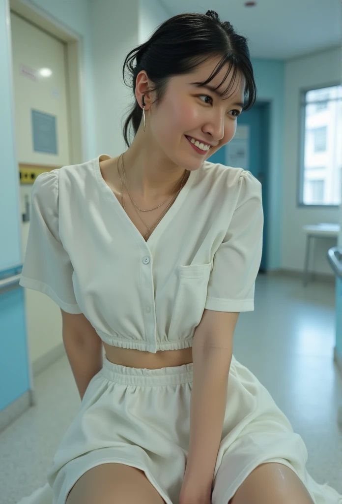 Top quality, Photo Real, High resolution, Detailed Background, (((Beautiful skin in every detail))), Detailed nose, (((Without makeup1.100))),(((Completely no makeup))),((Clear and beautiful skin with transparency1.100)),Soft lighting, (Solo Shot:1.9),(((Thick fabric round collar nurse uniform1.15))),(((She is wearing a light blue clothes which is completely buttoned1.20))),(tight clothing1.8),(((She is wearing a cute shape plain color nurse cap))),Neat clothes with little exposure,(((Very soft-looking thighs1.30))),(((Very short skirt))),(((Neck choker))),(((Sexy garter belt))),Little close-up shot, (((Shooting above the knee))),Nice hands, Perfect hands, Clear Eyes,Pale skin,1 beautiful woman, (Japanese girl1.55),(((Around 1.20))),(Permed hair1.8),(((Bun hair1.8))),(((Soft-looking chest1.10))),(((A very large and well-shaped chesthidden under clothes1.10))),(((Cute lips1.20))),(((Great style1.55))), (Open-mouthed and smiling very happily1.10),(She is laughing heartily with her mouth wide open, and she looks so cute1.20),Beautiful eyes,Looking up with eyes,Staring at me,staring directly,smile towards,(She is looking straight at me from the front1.15),((Accurate structure of the limbs1.20)),(((Performing surgery as an assistant in the operating room))),