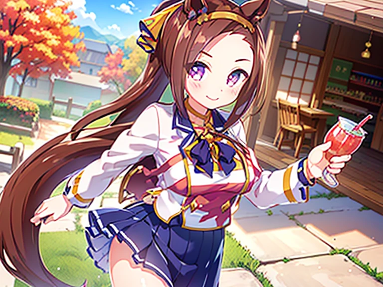 (((masterpiece, 16k,  top quality ,  super high res, Thematic Depth))), (( very detailed,  Japanese rural landscape ,  fall foliage)), (((  High School Girl in Blazer Uniform,  2 people ,  skirt, Big Breasts))), Beautiful Girl in every detail ,  Very Neat Body Structure , A very neat body movement ,  very cute smile with thin, transparent nipples, On the way home, 3pm,  serene landscape, warm sunshine , Old wooden shop in the countryside, The shop sign is very old., Japanese style drink vending machine, Buy juice,  cm apart,  drink juice, Very accurate perspective