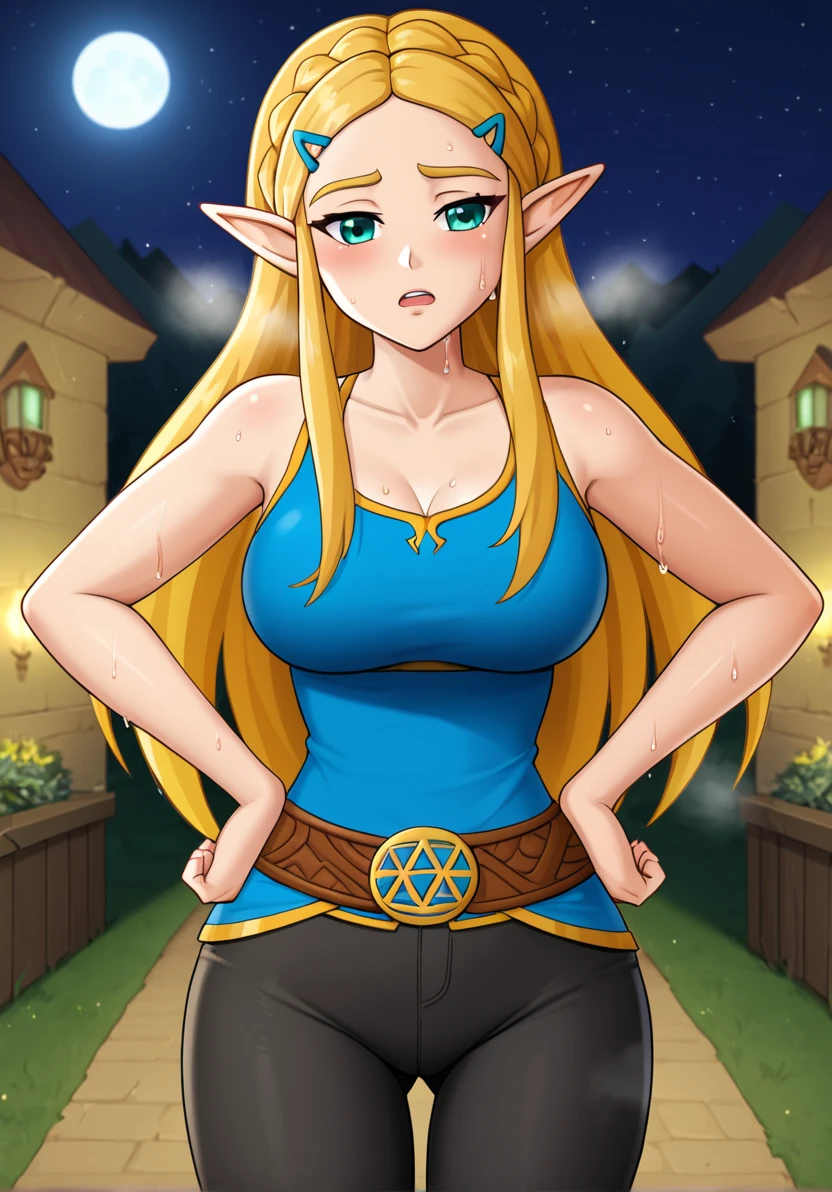 masterpiece, best quality, highres, aazelda, Princess_Zelda, long hair, crown braid, hairclip, pointy ears, blue tanktop,, black pants with yellow stripes, tight pants, night, standing, cowboy shot, outdoors, hands on hip, open mouth, out of breath, sweaty, sweating, exhuasted, tired exporession, sexy, hot, tounge slighty out, sexy zelda