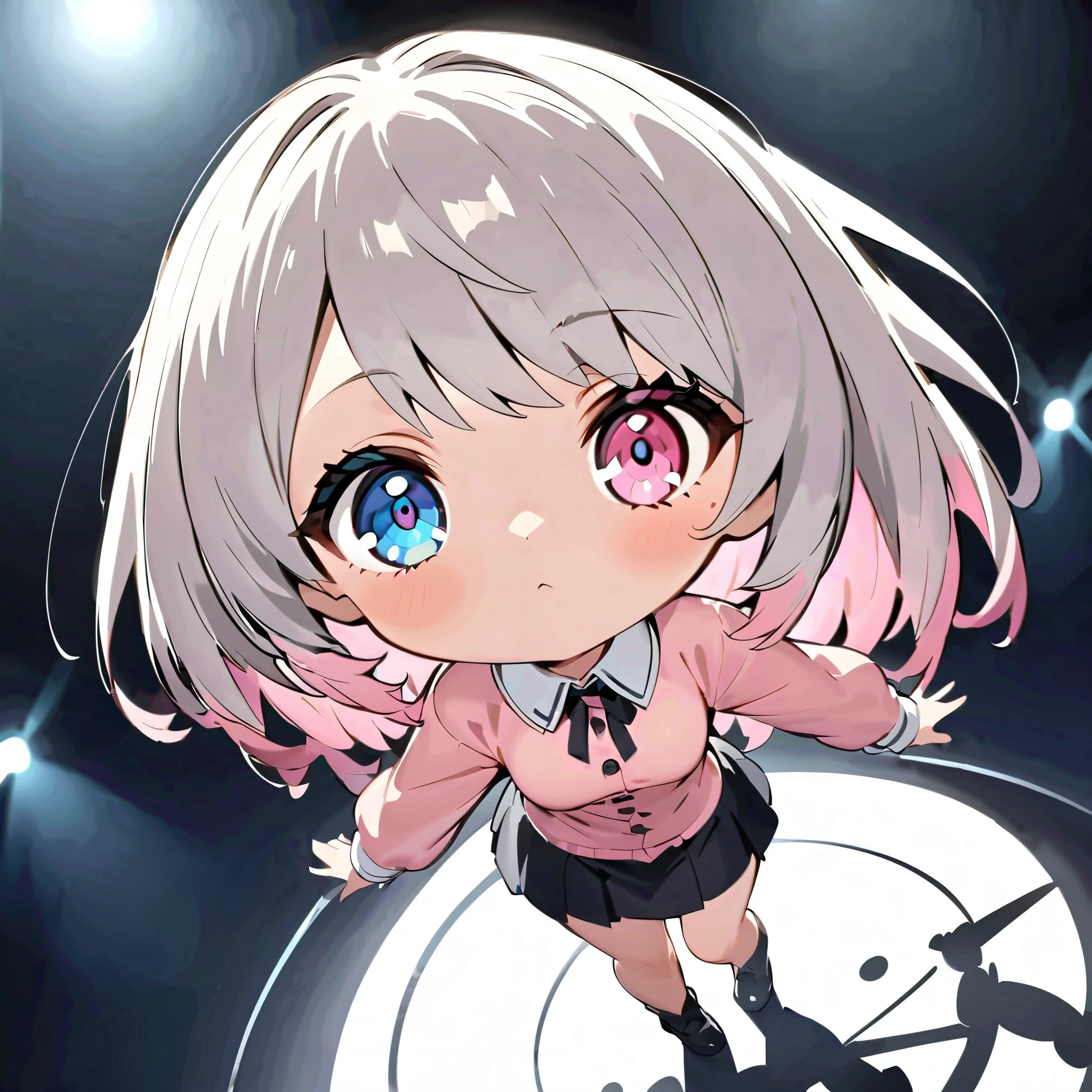 ２Head to Body、whole body、 Nendoroid , chibi, chibi、asymmetry bangs, swept bangs., extends hands、、eyeを閉じて熱唱する、eyeを閉じる、 singing with microphone 、{{{masterpiece}}}, {{{ top quality }}}, {{ ULTRA DETAIL}}, {beautiful detailed eye}, 1 girl, Alone, ((Gray Hair)),(bangs),   angle from above、  looks up, girl ,Midea,eye、  dynamic angle 、Long Gray Hair、 pink hair、Alone、  medium hair 、白い  medium hair 、 song、Idol、長めの  medium hair 、  long hair、  bob hair、  stageに立ち song、  long-sleeved pink shirt with a white collar  {x} 肩くらいまで伸びるGray Hair 、 pink hair with pink tips  、  medium hair ー、  pink inner color hair、  white hair that stretches to about the shoulders  、 pretty  girl、Detailed eye、Anime、  Shirogane Noel、  stage、  black skirt 、   white hair that stretches to about the shoulders   、 simple background、,Alone、 1  girl、E art style  、 Light Shines In 、Beautiful Shadows、Alone、singer、
