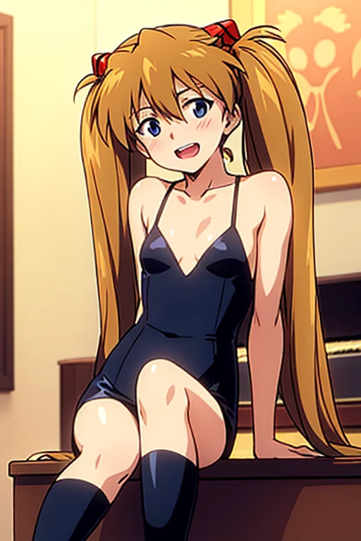 (( top quality )), ((masterpiece)), (be familiar with),  perfect face, indoor, bedroom,  Watching Viewers ,
One woman,  Soryu Asuka Langley,
 open mouth,  ecstatic expression beside the piano, blush, smile,
 small tits,  flat chest, Young girl, Lori,  s,  girl,
 long hair,  twin tails,
Leg spread,