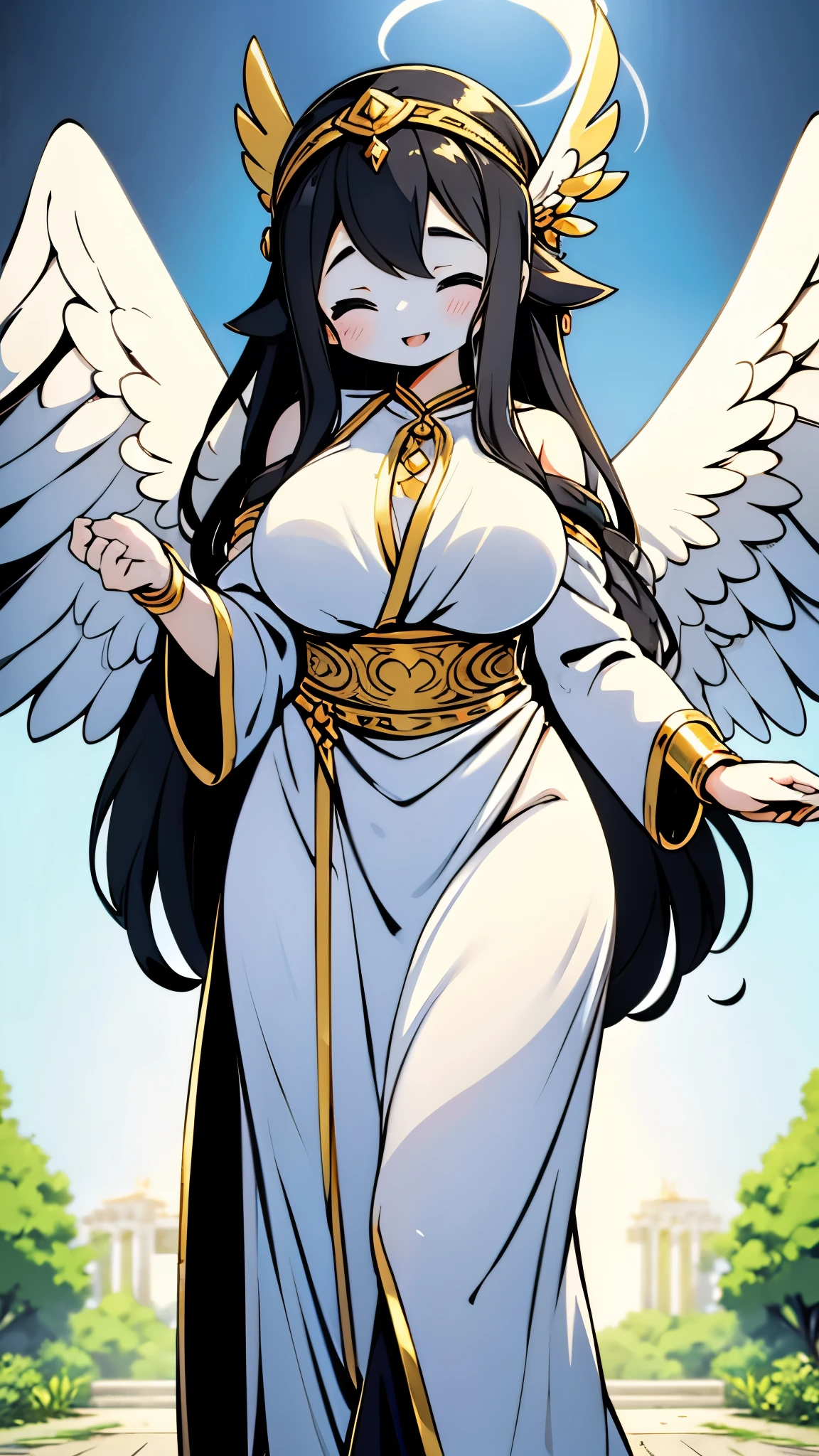 cute女孩， mature，Big breasts， Black and White Comic Style，Black Hair，Thin waist and wide hips，cute，Heaven Background，Greek style temple background，Roman Column，Other world style，fantasy style，Smile，cute，Cheerful，Q version style，Slim clothing，cute，fantasy style， Wings ，Golden Wings ，goddess，Angel，Halo，Thick thighs， Fleshy Thighs ，Big breasts，blond，gentle，maternal，grace，love， White Slim Robe ，Ancient Greek style