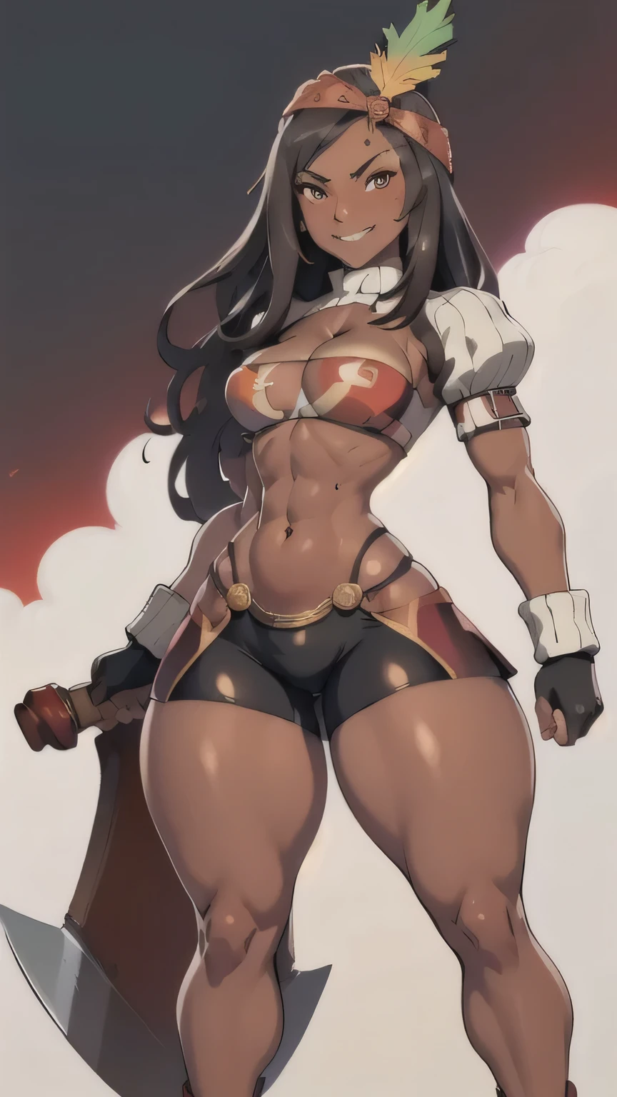 masterpiece, best quality, ff9lani, dark skin, bandana, feather hair ornament, turtleneck, cleavage, puffy sleeves, bandeau, red overskirt, thight short shorts, fingerless gloves, large breasts, holding axe, axe, looking at viewer, huge weapon, grin, castle, red sky, white_micro_top, ((thick thighs)), ((narrow waist)), ((wide hips)) toned body, muscular female, tan skin, ((vivid colors)) ((high contrast)) slim body, shreded abs, athletic body, ((full body)), sexy, evil, ((tan lines))
