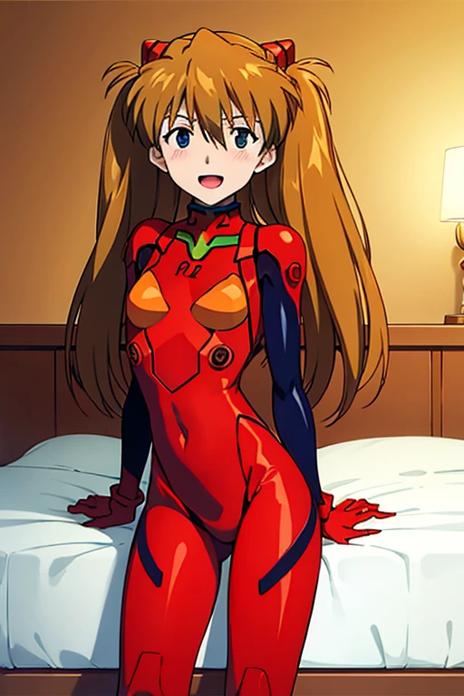 (( top quality )), ((masterpiece)), (be familiar with),  perfect face, indoor, bedroom,  Watching Viewers ,
One woman,  Soryu Asuka Langley,
 open mouth,  ecstatic expression beside the piano, blush, smile,
 small tits,  flat chest, Young girl, Lori,  s,  girl,
 long hair,  twin tails,
Leg spread,