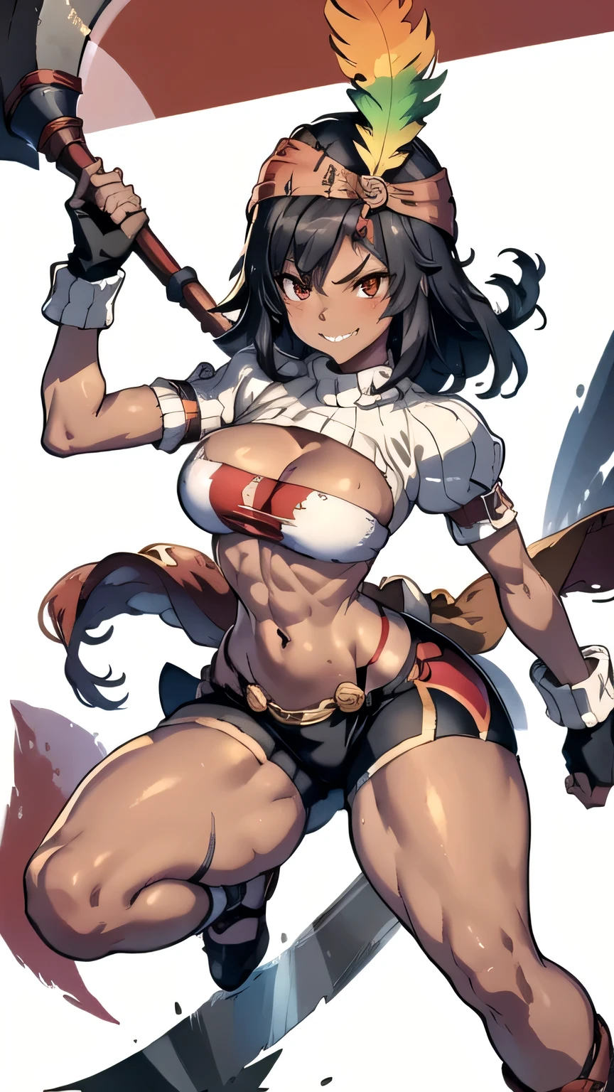 masterpiece, best quality, ff9lani, dark skin, bandana, feather hair ornament, turtleneck, cleavage, puffy sleeves, bandeau, red overskirt, thight short shorts, fingerless gloves, large breasts, holding axe, axe, looking at viewer, huge weapon, grin, castle, red sky, white_micro_top, ((thick thighs)), ((narrow waist)), ((wide hips)) toned body, muscular female, tan skin, ((vivid colors)) ((high contrast)) slim body, shreded abs, athletic body, ((full body)), sexy, evil, ((tan lines))