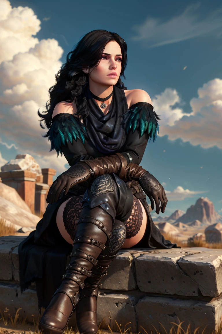 (masterpiece, best quality:1.2),  yenW3_soul3142, 1girl, solo, long hair, black hair, purple eyes, scarf, black dress, bare shoulders, feathers, thighhighs, gloves, sitting, boots, sky, choker, day, elbow gloves, cloud, crossed legs, realistic