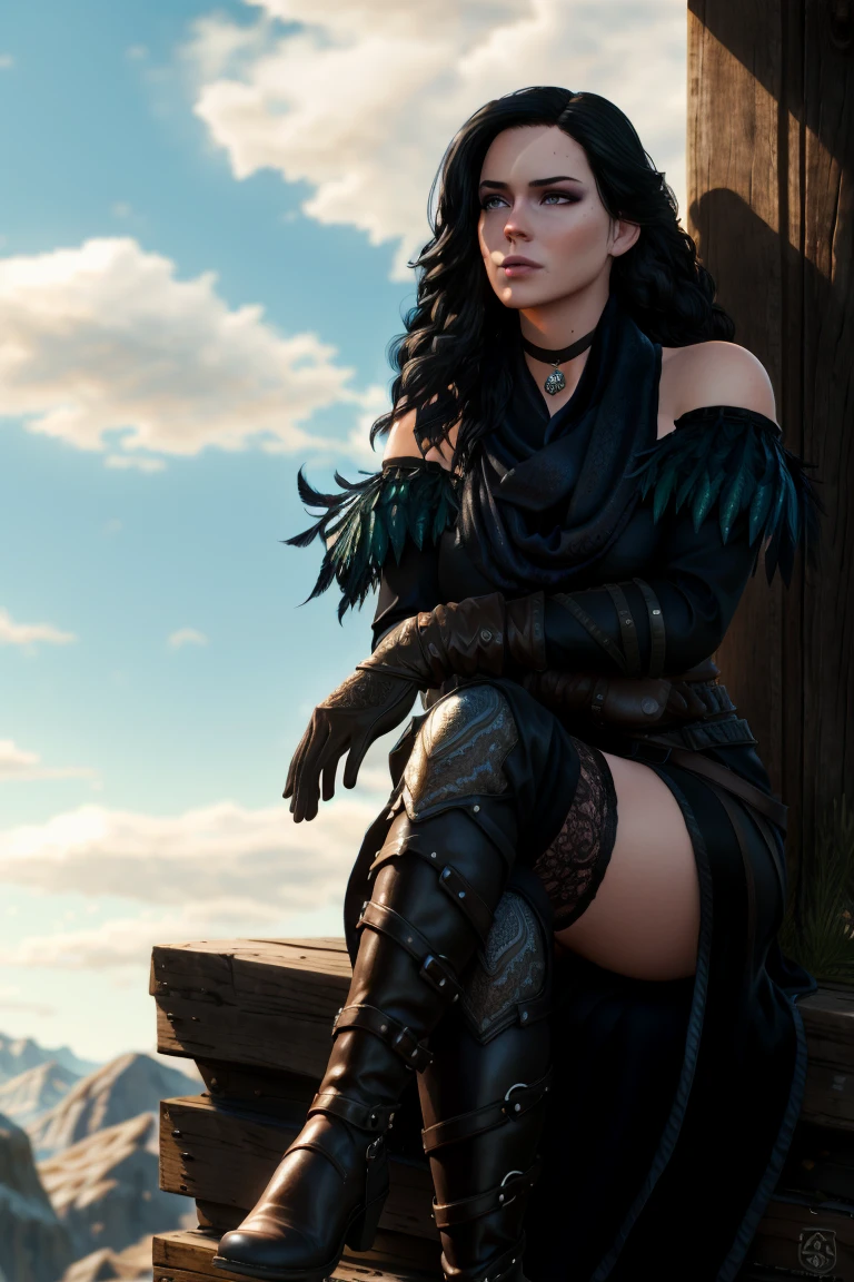 (masterpiece, best quality:1.2),  yenW3_soul3142, 1girl, solo, long hair, black hair, purple eyes, scarf, black dress, bare shoulders, feathers, thighhighs, gloves, sitting, boots, sky, choker, day, elbow gloves, cloud, crossed legs, realistic