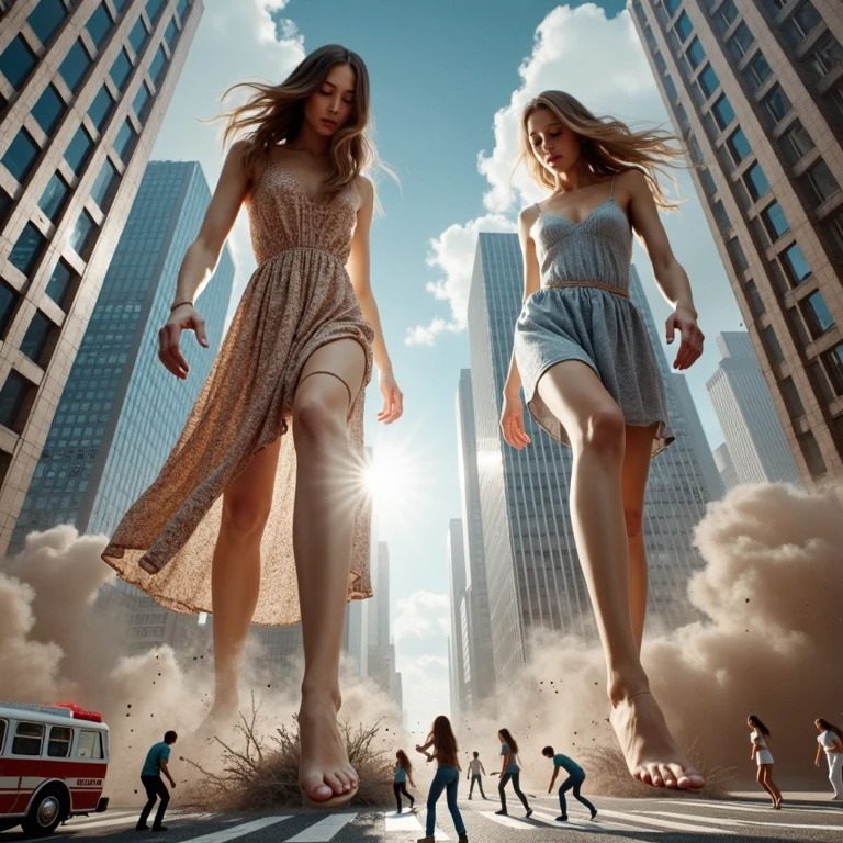 Greta Thunberg stands in destroyed city with belly and is taller than buildings. Riesen Bauch