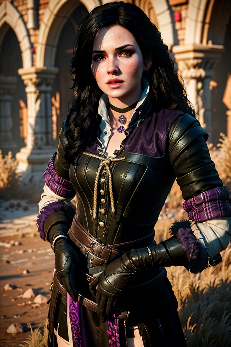 A half body shot of yennefer wearing a purple dress  in the style of y3nn3f3r