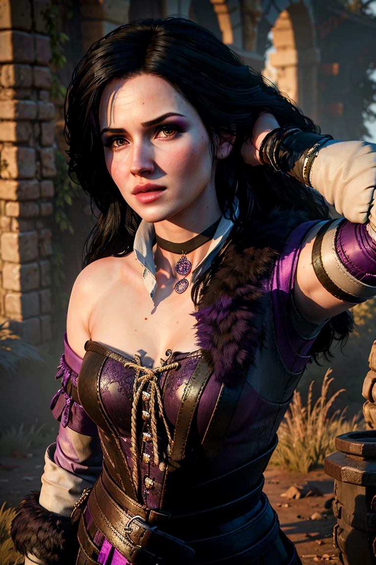 A half body shot of yennefer wearing a purple dress  in the style of y3nn3f3r