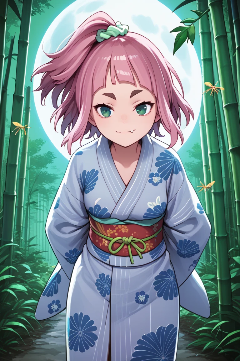 source_anime,
kiuiwatase, kiui watase, short hair, bangs, hair ornament, green eyes, pink hair, thick eyebrows, hair scrunchie, scrunchie, ponytail, blunt bangs,
skin fang, medium breasts,                          1girl, solo, looking at viewer, hair ornament, yukata, kimono, print kimono, japanese clothes, hair flower, outdoors, (bamboo forest), full moon, night, wind, arms behind back, obi, fireflies, leaning forward, closed mouth, smile