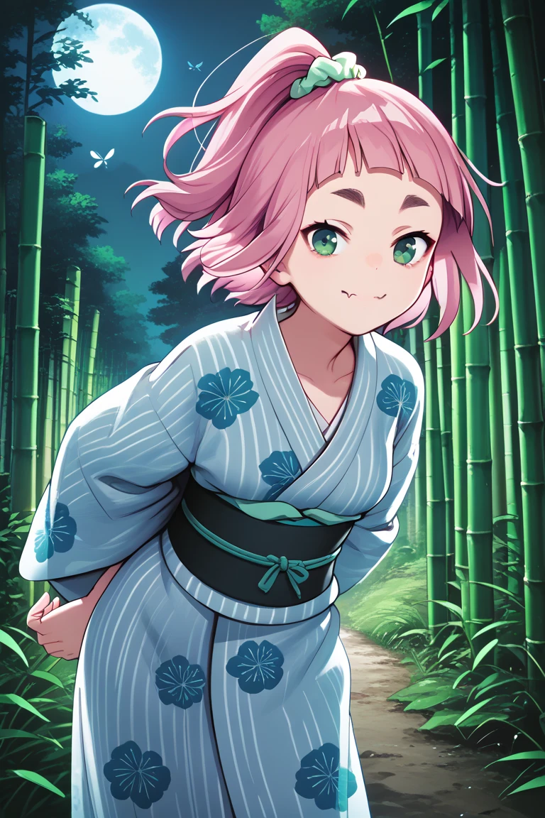 source_anime,
kiuiwatase, kiui watase, short hair, bangs, hair ornament, green eyes, pink hair, thick eyebrows, hair scrunchie, scrunchie, ponytail, blunt bangs,
skin fang, medium breasts,                          1girl, solo, looking at viewer, hair ornament, yukata, kimono, print kimono, japanese clothes, hair flower, outdoors, (bamboo forest), full moon, night, wind, arms behind back, obi, fireflies, leaning forward, closed mouth, smile