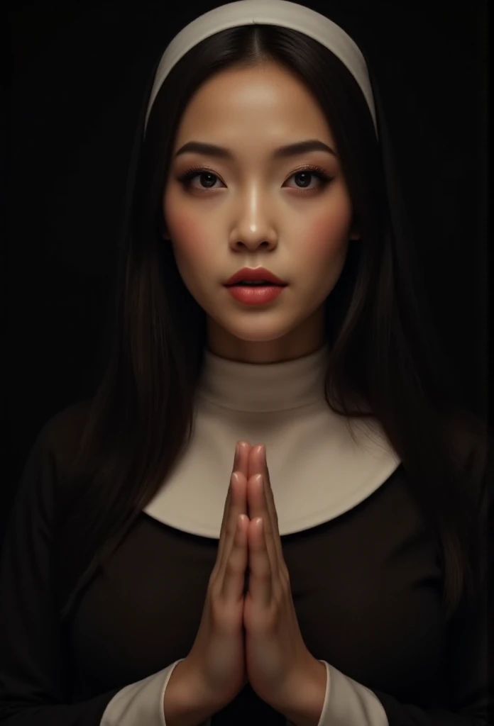  a beautiful indonesian woman, wearing catholic nun clothes. Praying inh the dark room. Realistic skin details, intricate fabric details, beautiful face, ferfect face composition, Look at the viewer.