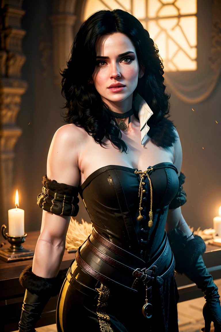 A portrait of yennefer wearing a golden dress in the style of y3nn3f3r