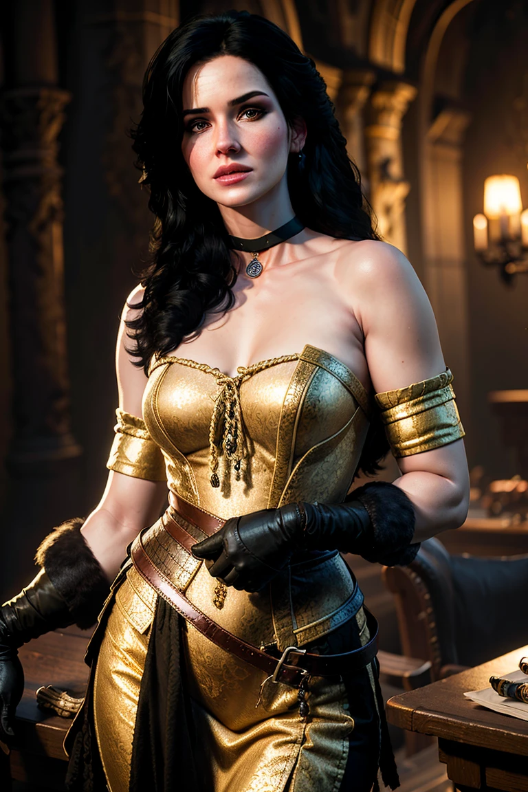 A portrait of yennefer wearing a golden dress in the style of y3nn3f3r