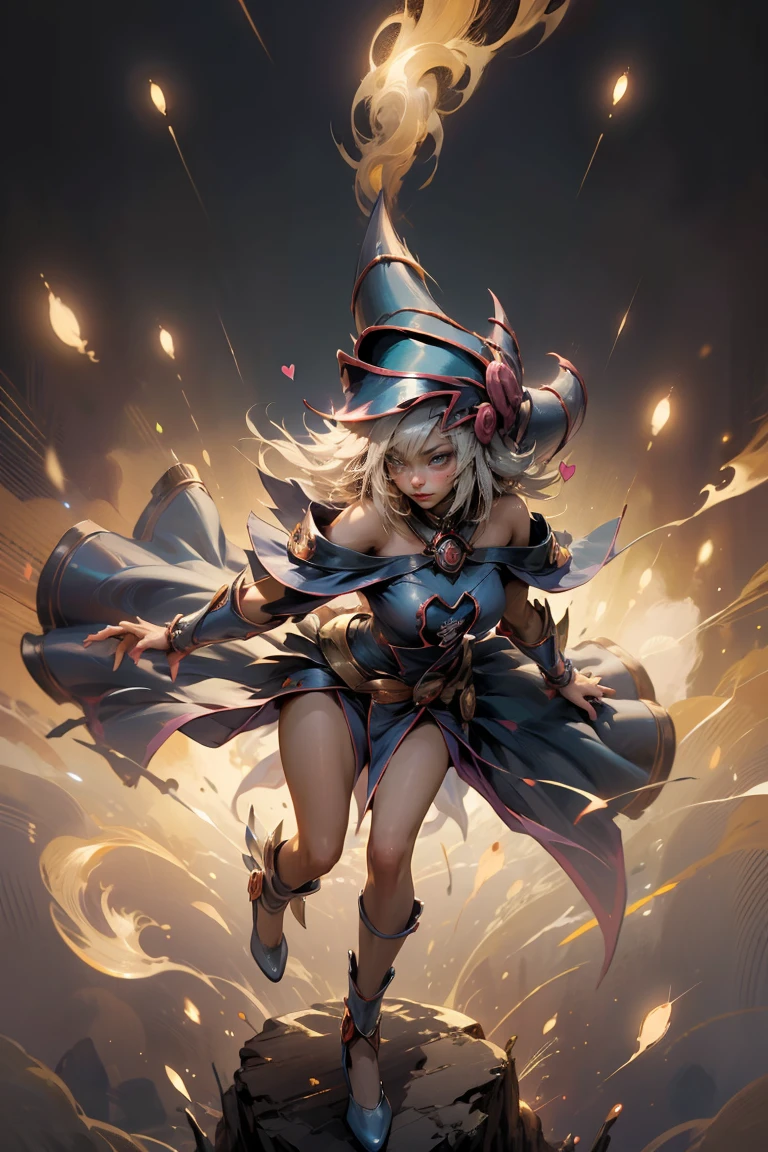 ( masterpiece:1.2), ( The best quality:1.2), perfect lighting,  Dark Wizard Girl casting a spell, In battle.  floating in the air , medium breasts visible,  transparent neckline , blue robe, large hat,  from above, Flashes, Yugioh game, The magic of the heart.  LIGHTS OF THE HEART , Romantic Heart. She wears heels. She has heels. Wear heels 