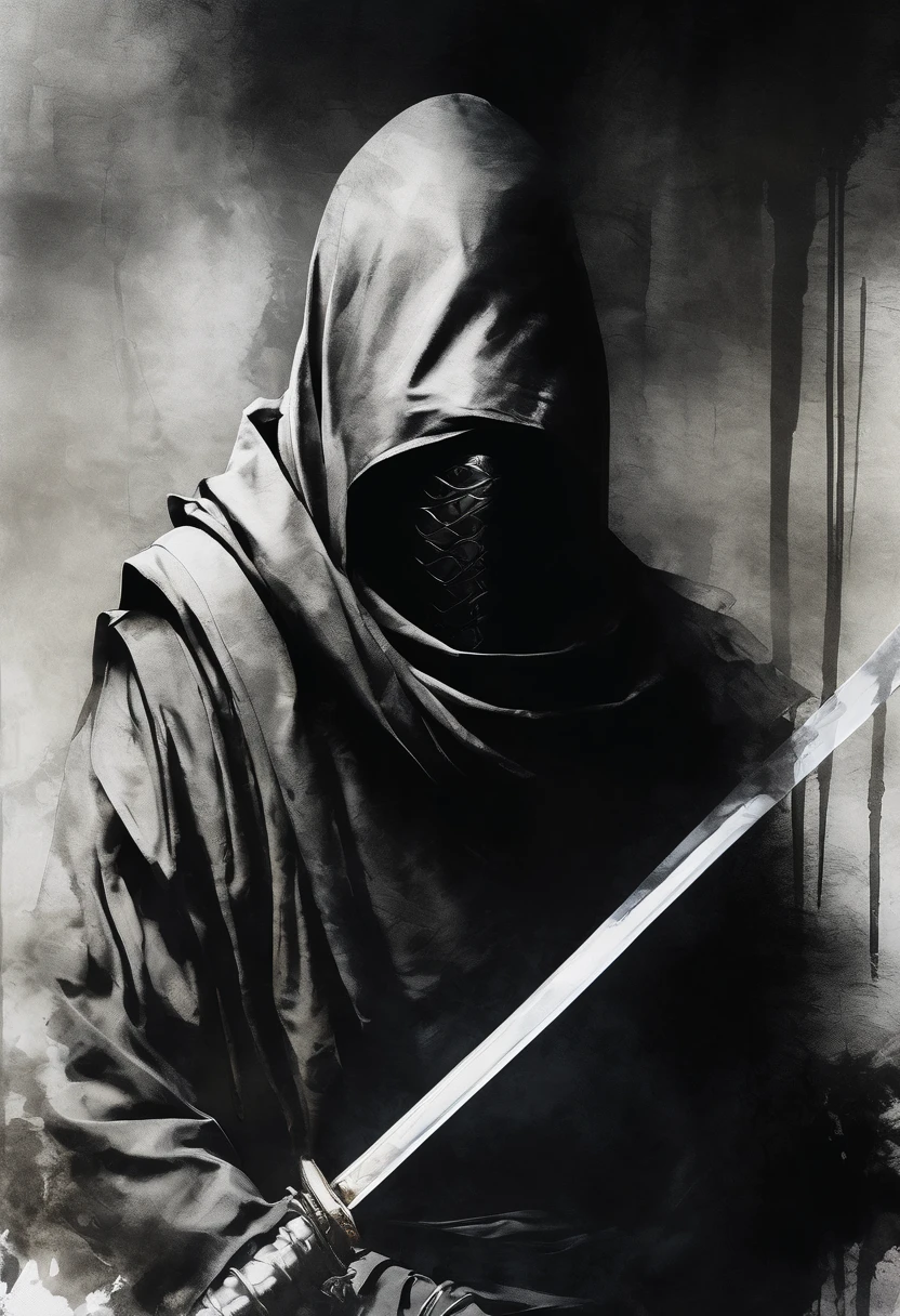 masterpiece,best quality,Ink Painting,Alone,tall and thin ninja character,(wearing minimal ninja armor,scarf,Masked,soft cloth,sleek,reflective fabric on the armor,matte cloth for the scarf), Stick to the wall,behind the wall,he is hiding,dark and moody atmosphere,effect on clothing, abstraction painting style that spies