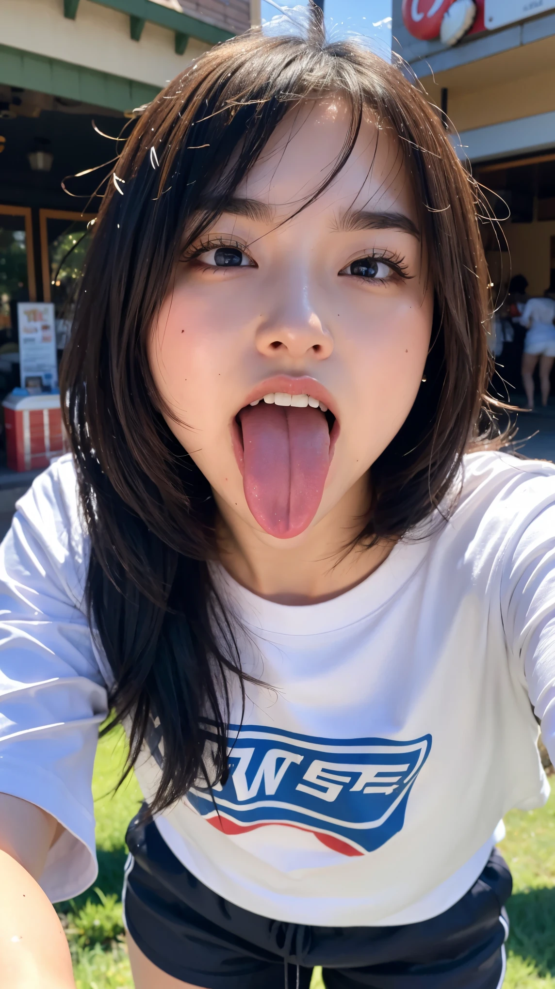   1 girl,   naked under a jacket and tabletop ,,Award-winning photo,   very detailed,   face close-up  、  keep your eyes focused , Nose and mouth,  Face Up ,    woman with her mouth open and eyes closed ,   Face Up の接写、age: 18 , dark-haired、Symmetrical face, Insulated 、angle from below、 Dilated C-shaped nostrils   、  sweated skin、  sweated,   Lighting that highlights shiny skin 、(((  loose fit t-shirt ,  shorts),))  sweated, shiny skin、shiny skin、 big eyes、  double eyelid、(   lighting that highlights the tongue is wet and glowing  ) ((Wet tongue)) (())  Disneyland,Taylor Hill,  hyperrealistic ,real skin、Nogizaka Members,Detailed and realistic eyelashes and   double eyelids, Big Breasts, (nswf:1.6)