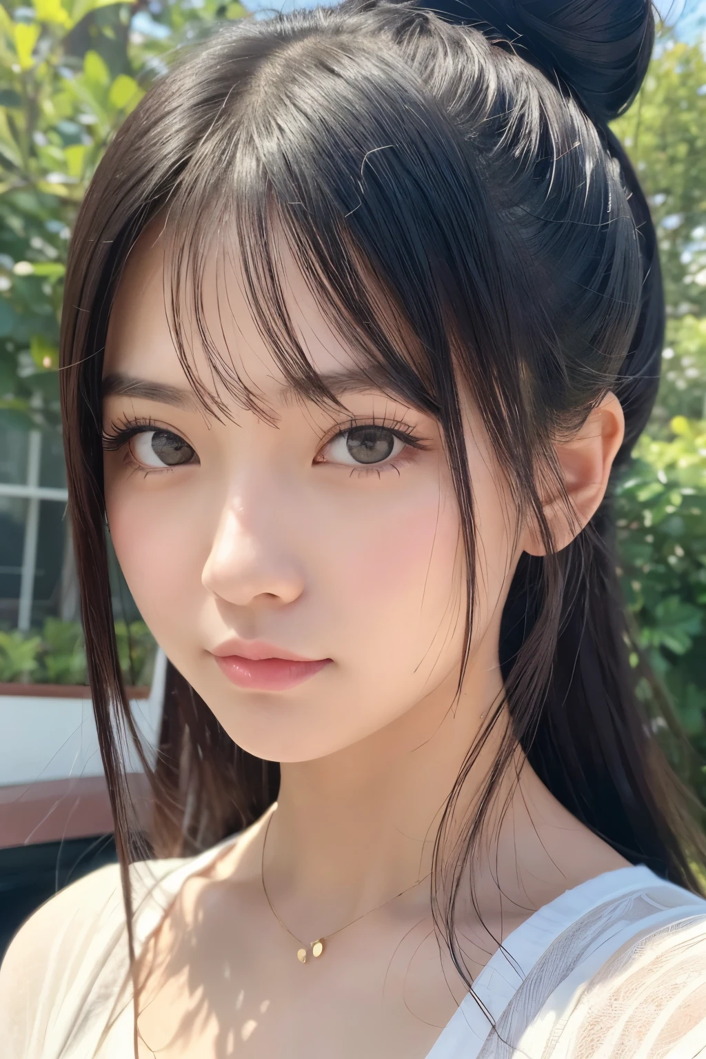 collared dress,European park,On the lawn,Close up face,One woman,masutepiece, The highest image quality, High quality, the background is clear,Beautiful woman, Japanese,Ultra-detailed, finely detail, hight resolution, 8K Wallpaper, Perfect dynamic composition, Beautiful detailed eyes , Detailed, Detailed eyes, Detailed skin, Beautiful skin, 超hight resolution, (reality: 1.4),Very beautiful woman, Slightly younger face, Beautiful skin, slender, (Ultra photo realsisim), (hight resolution), (8K), (Very detailed) (beautifully detailed eyes), (super detailed), (Detailed face), view the viewer, Fine details, Detailed face, Staring straight ahead, Staring straight ahead, photos realistic, Bright lighting, Professional Lighting, Black hair,poneyTail,a baby face,sixteen years old,Hairstyle: ponytail,Long ponytail hairstyle,slight smile,neat and tidy clothing,Beautiful Japanese KPOP idol photo, hair style is ponytail, my eyes are double and wide, baby face, smile and look straight ahead, slender, small breasts,Close up face,
